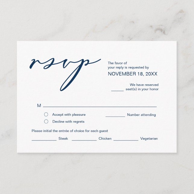 Carte D'accompagnement Romance, Marine Blue Calligraphy, Mariage RSVP (Devant)