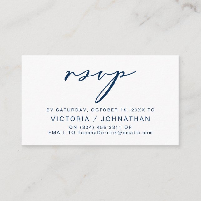Carte D'accompagnement Romance moderne, bleu marine, mariage RSVP (Devant)