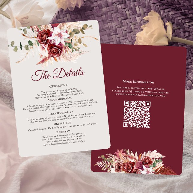 Carte D'accompagnement Romantic Burgundy & Blush QR Code Wedding Details  (Créateur téléchargé)