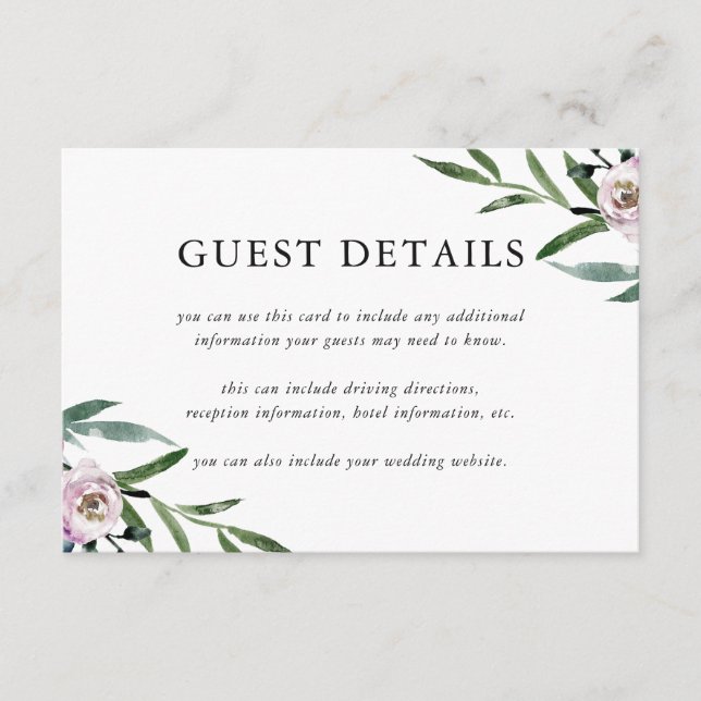 Carte D'accompagnement Romantic Floral Mariage Détails sur l'invité (Devant)