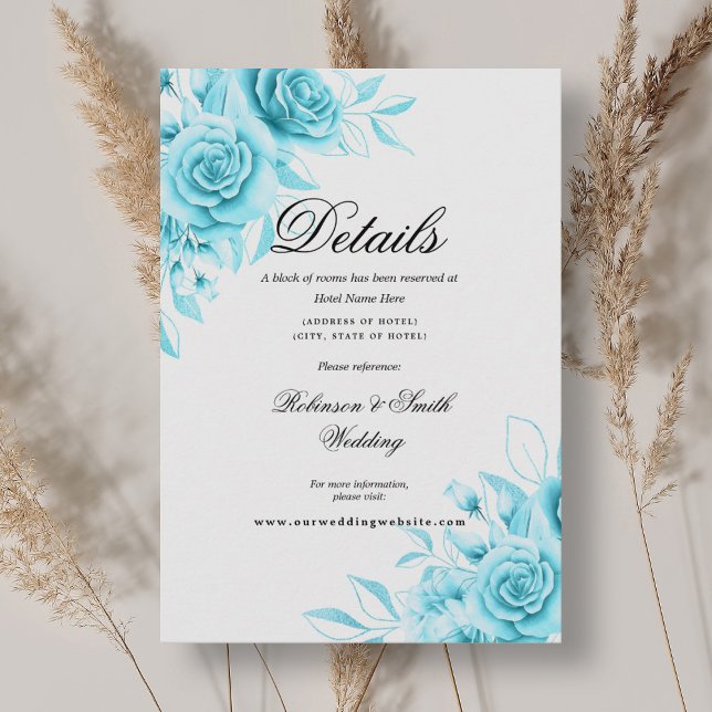Carte D'accompagnement Romantic Floral Turquoise Détails Mariage (Romantic Floral Turquoise Wedding Details Enclosure Card)