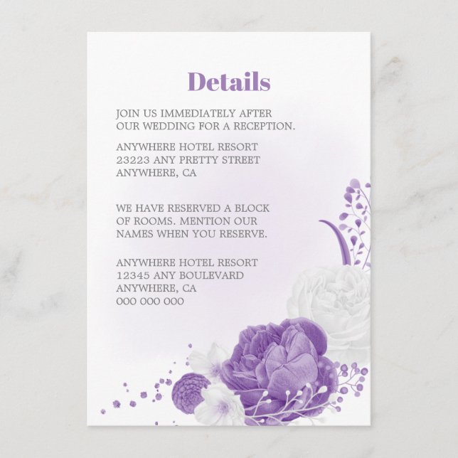 Carte D'accompagnement romantique & blanc violet détails de la mariage (Devant)