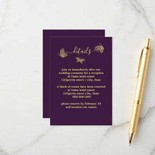 Carte D'accompagnement Romantique élégant papillons en or violet mariage