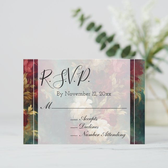 Carte D'accompagnement Romantique Rouge Blanc Fleurs Mariage RSVP (Debout devant)
