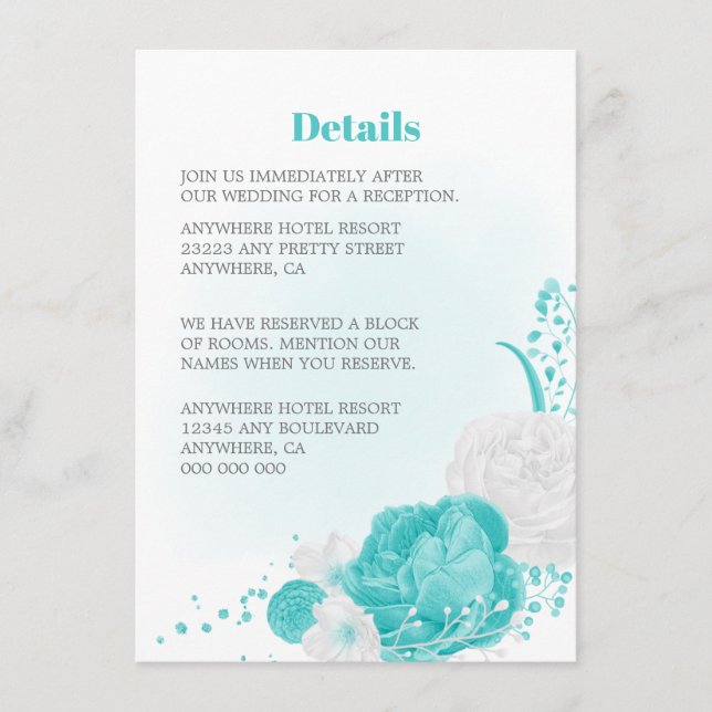 Carte D'accompagnement Romantique turquoise blanc détails mariage (Devant)