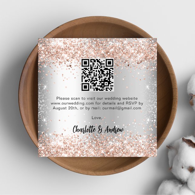 Carte D'accompagnement Rose argent or QR code mariage RSVP (Créateur téléchargé)