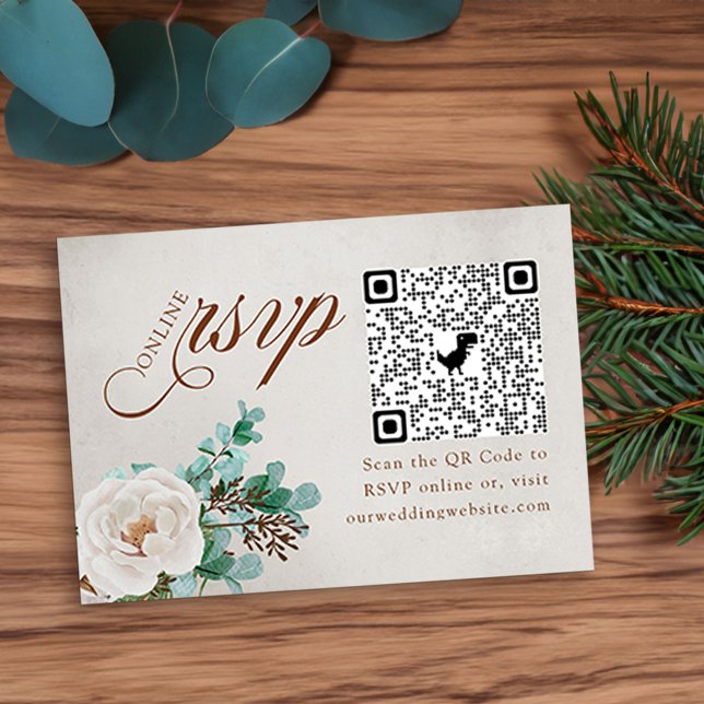 Carte D'accompagnement Rose blanche et Eucalyptus en ligne RSVP QR Code (Winter Wedding Online RSVP Card with QR code, elegant calligraphy, white rose and eucaluptus)