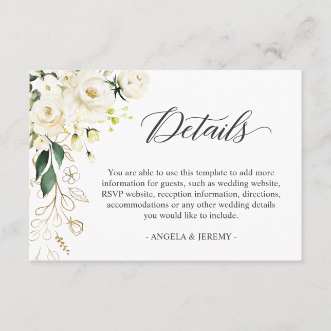 Carte D'accompagnement Rose blanche Vert Floral Mariage Détails de la réc (Devant)