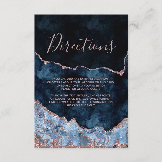 Carte D'accompagnement Rose bleu marine Gold Foil Agate Mariage Direction (Devant)