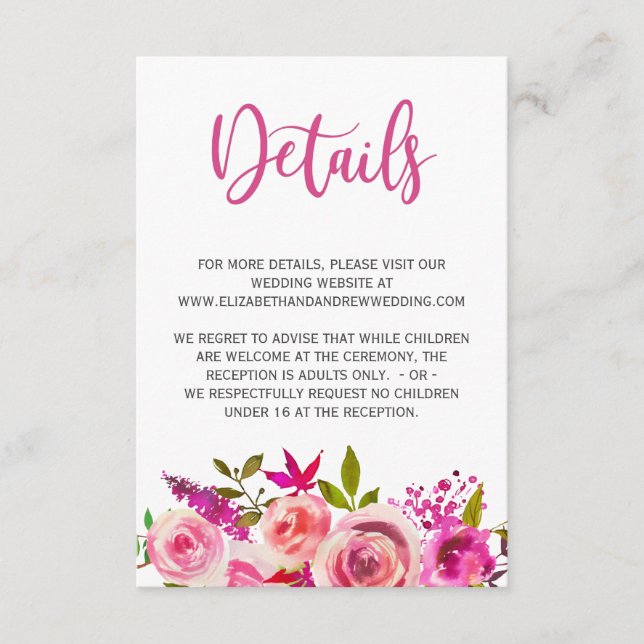 Carte D'accompagnement Rose Botanique Floral Détails du Mariage Info (Devant)