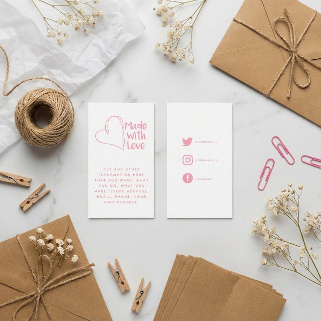 Carte D'accompagnement Rose et blanc fait de coeur d'amour, liens sociaux (Pink and white made with love heart, social links enclosure card)