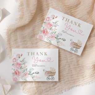 Carte D'accompagnement Rose Floral Girl Baby Carriage Douche Merci