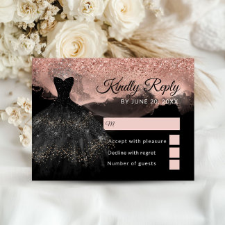 Carte D'accompagnement Rose Gold & Black Princess Quinceañera RSVP Card