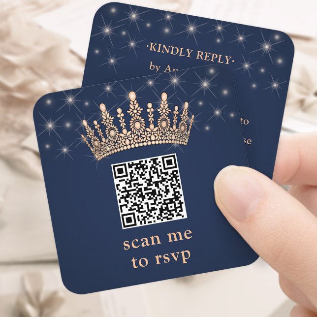 Carte D'accompagnement Rose Gold Crown QR Code RSVP Navy Blue Quinceañera (Créateur téléchargé)