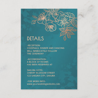 Carte D'accompagnement Rose Gold Floral Line Art Teal Wedding