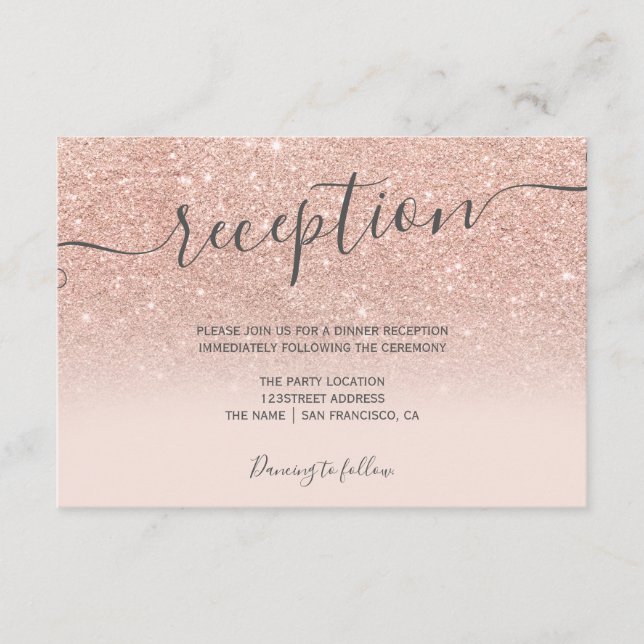 Carte D'accompagnement Rose gold pailleté ombre blush script de réception (Devant)