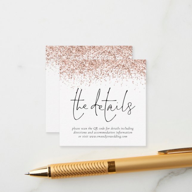 Carte D'accompagnement Rose Gold Parties scintillant QR Code Mariage Déta (Devant/Arrière en situation)