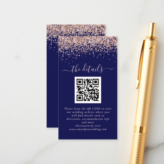 Carte D'accompagnement Rose Gold Parties scintillant QR Code Marine Détai (Devant/Arrière en situation)
