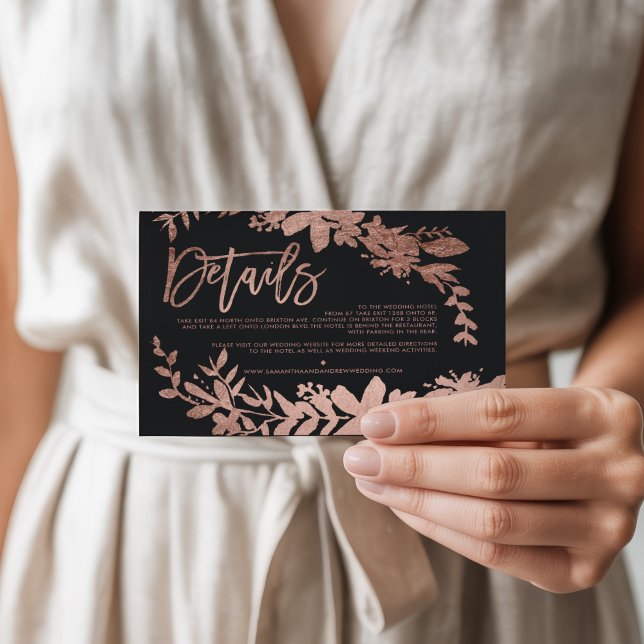 Carte D'accompagnement Rose Gold script floral noir direction mariage (Rose Gold script floral black wedding direction Enclosure Card)