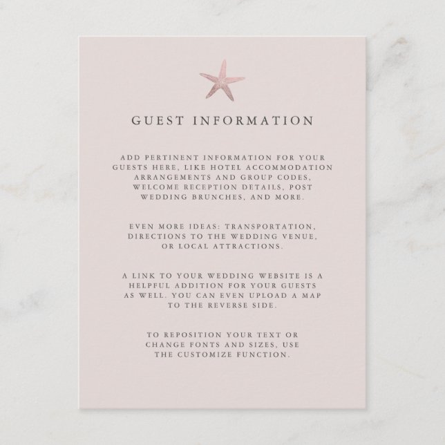 Carte D'accompagnement Rose Gold Starfish mariage côtier Détails sur l'in (Devant)