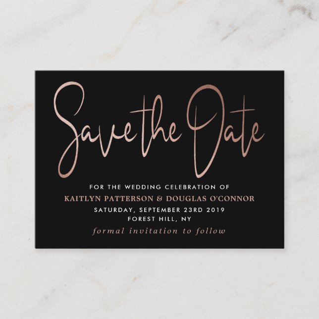 Carte D'accompagnement Rose moderne Gold Foil Script Enregistrer la date (Devant)