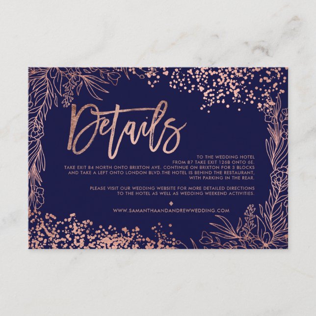 Carte D'accompagnement Rose or confetti floral mariage direction (Devant)