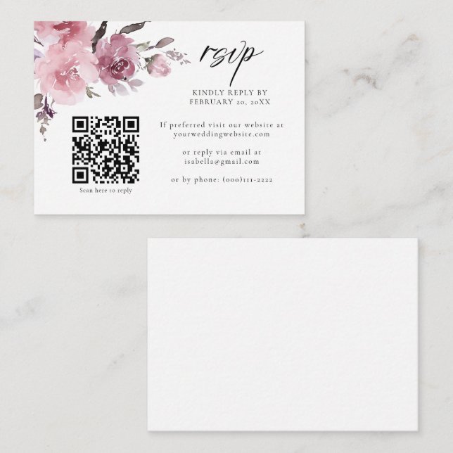 Carte D'accompagnement Rose Poussiéreuse Rose Mauve Floral Code QR Mariag (Devant / Derrière)