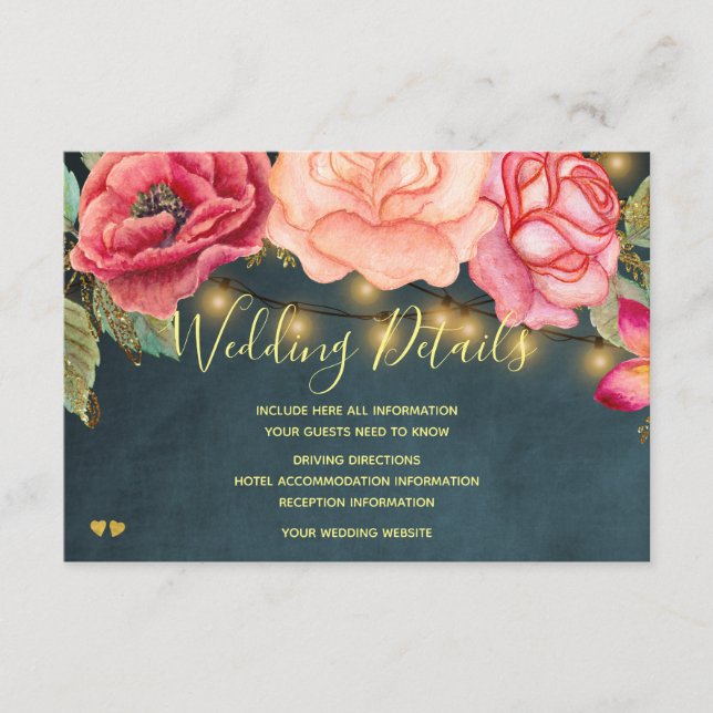 Carte D'accompagnement Rose romantique et rose vif Détails du mariage (Devant)