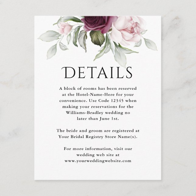 Carte D'accompagnement Rose rose et prune Détails du Mariage Floral (Devant)