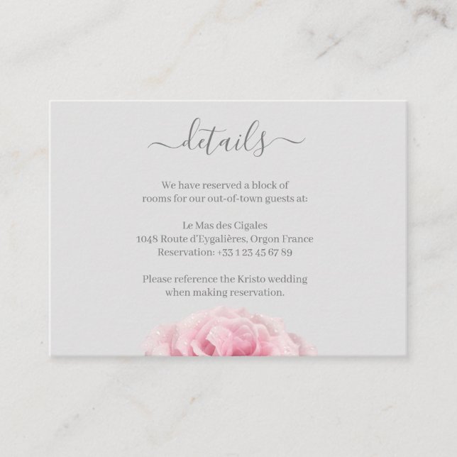 Carte D'accompagnement Rose rose Fleur Gris Floral Mariage Hotel Détail (Devant)