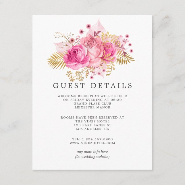 Carte D'accompagnement Rose rose & or Aquarelle Mariage Détails au client (Devant)