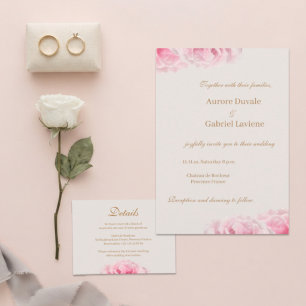 Carte D'accompagnement Rose rose pâle ivoire or détail de mariage hôtel