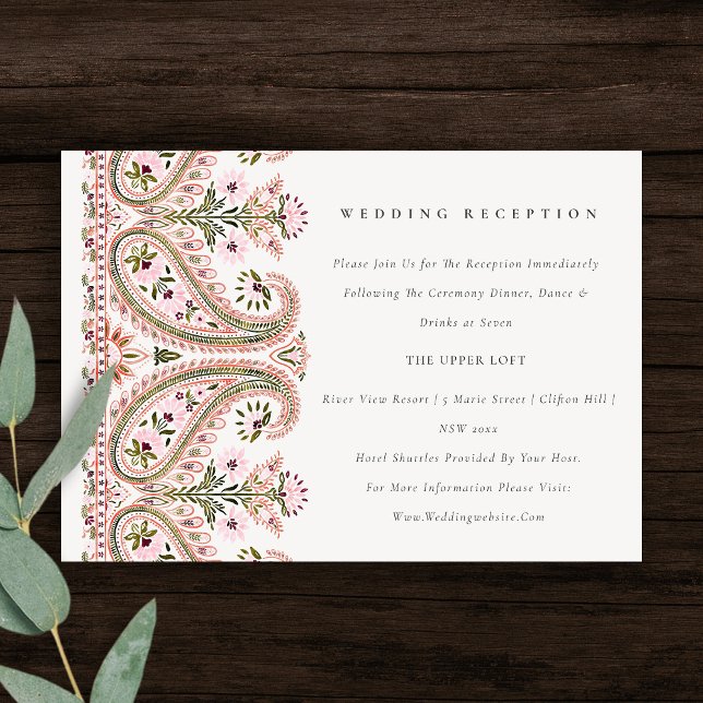 Carte D'accompagnement Rose Vert Floral Paisley Motif Mariage Réception (Créateur téléchargé)