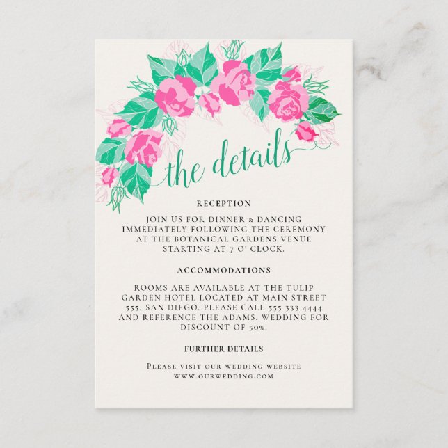Carte D'accompagnement Rose Vert Rose Pétales Fleurs Jardin Mariage (Devant)