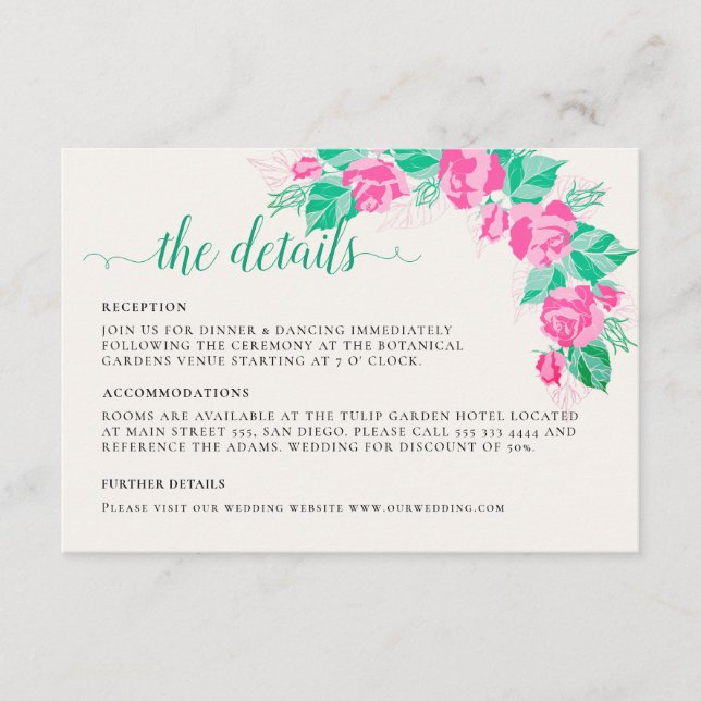 Carte D'accompagnement Rose Vert Rose Pétales Fleurs Jardin Mariage (Devant)