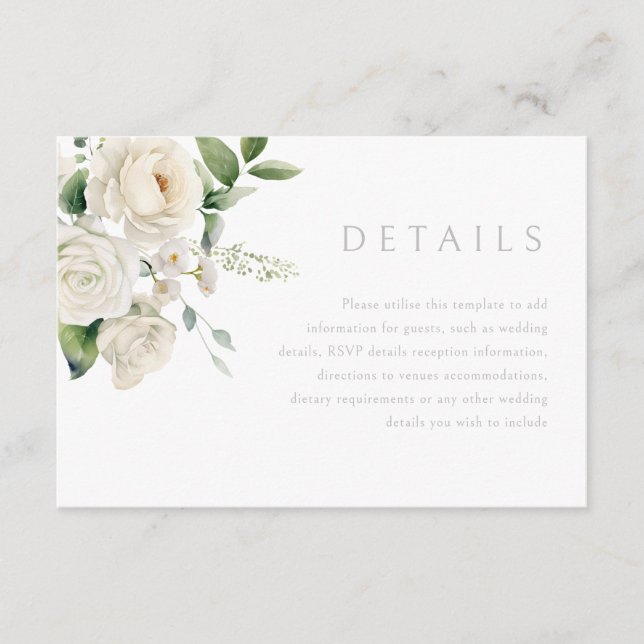 Carte D'accompagnement Roses blanches et feuille d'âge Détails du Mariage (Devant)