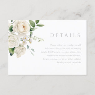 Carte D'accompagnement Roses blanches et feuille d'âge Détails du Mariage