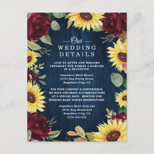 Carte D'accompagnement Roses de tournesol Bourgogne Rouge et Mariage bleu