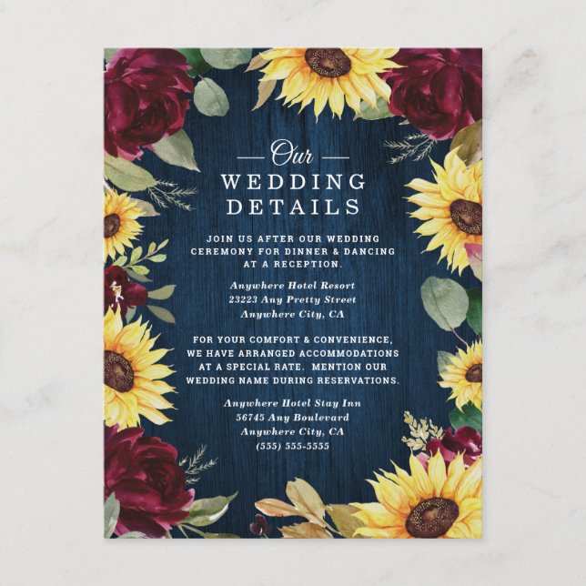 Carte D'accompagnement Roses de tournesol Bourgogne Rouge et Mariage bleu (Devant)