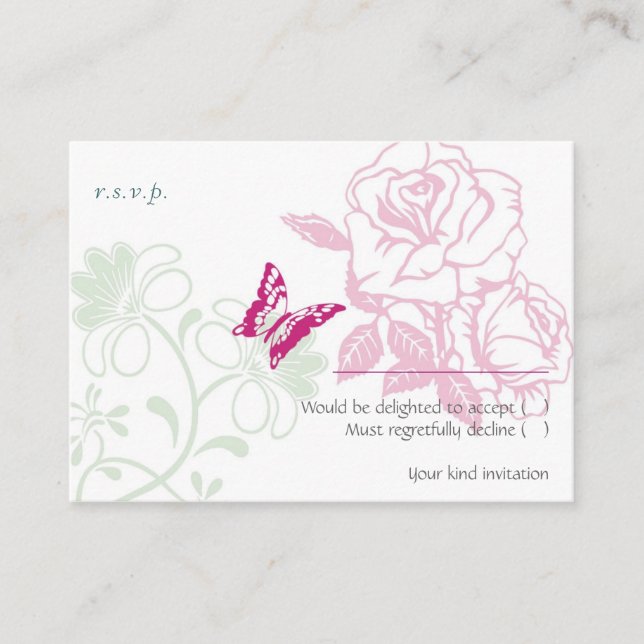 Carte D'accompagnement Roses et papillons illustrés RSVP (Devant)