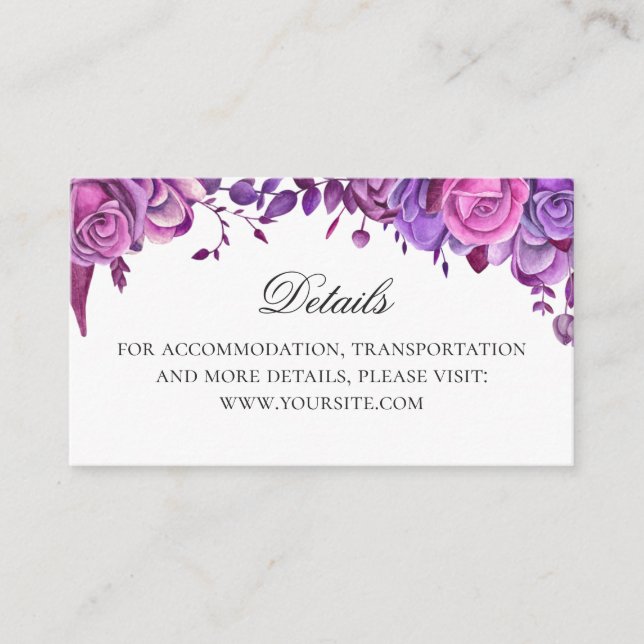 Carte D'accompagnement Roses roses et violettes. Détails de mariage flora (Devant)