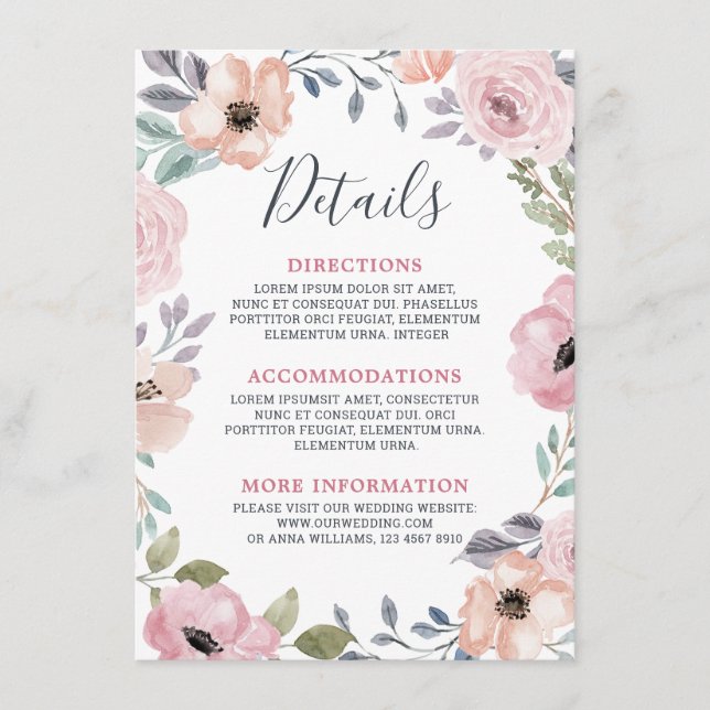 Carte D'accompagnement Roses roses rose pâle Midsummer Détails du Mariage (Devant)