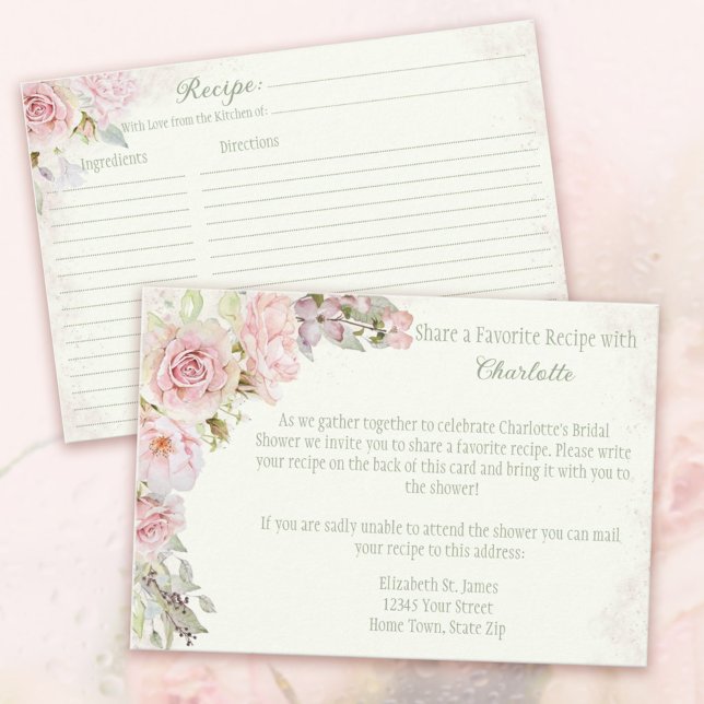 Carte D'accompagnement Roses roses rose Sage Fête des mariées verte Recet (Pink Roses Bridal Shower Recipe Cards Jade Green. 
Invite the Guests to share a favorite recipe.)