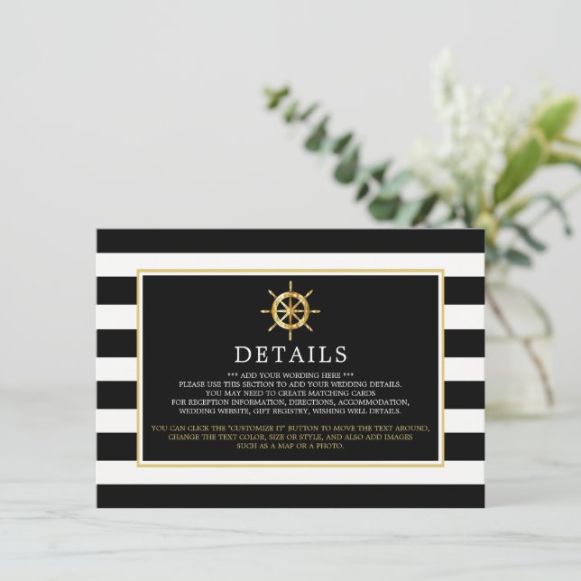 Carte D'accompagnement Roue d'or nautique, Mariage noir & or détail (Debout devant)