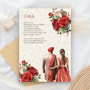 Carte D'accompagnement Rouge Floral Indien Punjabi Sikh Détails du Mariag