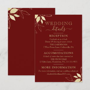 Carte D'accompagnement Rouge foncé & Or Foliage Mariage botanique moderne