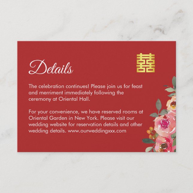 Carte D'accompagnement Rouge peony floral moderne chinois détails mariage (Devant)