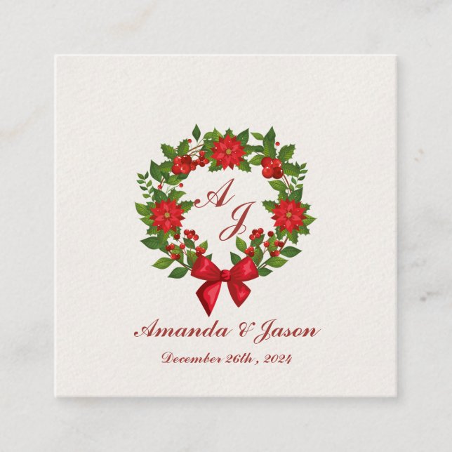 Carte D'accompagnement Rouge vert Poinsettia Monogram mariage de Noël (Devant)
