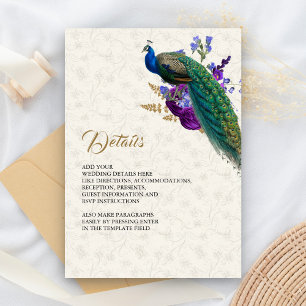 Carte D'accompagnement Royal Blue Purple Floral Peacock Détails du Mariag