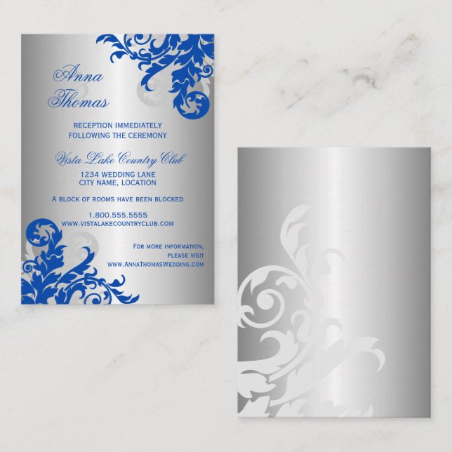 Carte D'accompagnement Royal Blue Silver Flourish Détails sur le Mariage (Devant / Derrière)